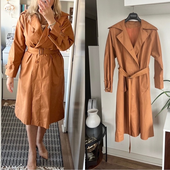 Vintage 70s Single Breasted Trench Brown modest Cotagecore Coat Sz S - Picture 2 of 13